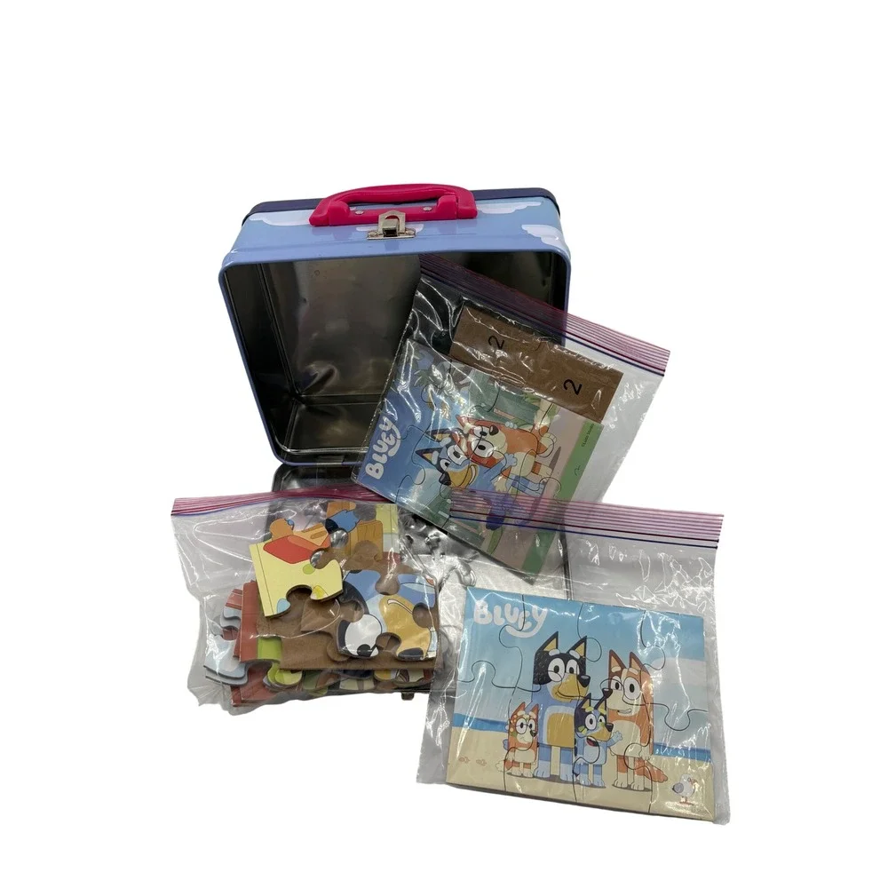 Bluey Heeler Puzzle Lot Metal Tin Lunch Box +3 Mini Puzzles+ 5-12x12 Puzzles EUC